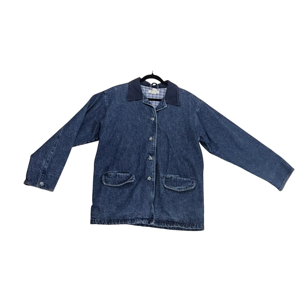 Vtg Cherokee Chore Barn Coat Jacket Womens XL Denim Plaid Blue 90s Cottagecore
